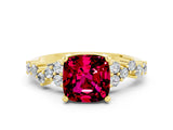 Yellow gold Cushion Cut Garnet Scattered Round Accent Ring with Prong Setting_24