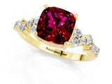 Yellow gold Cushion Cut Garnet Scattered Round Accent Ring with Prong Setting_25