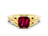 Yellow gold Cushion Cut Garnet Solitaire Celtic Knot Ring with Four-Prong Setting_12
