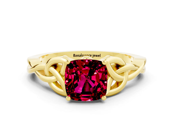 Yellow gold Cushion Cut Garnet Solitaire Celtic Knot Ring with Four-Prong Setting