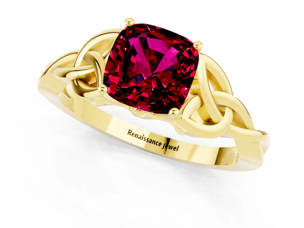 Yellow gold Cushion Cut Garnet Solitaire Celtic Knot Ring with Four-Prong Setting