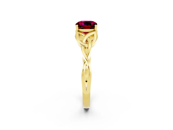 Yellow gold Cushion Cut Garnet Solitaire Celtic Knot Ring with Four-Prong Setting