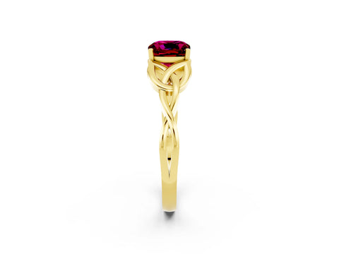 Yellow gold Cushion Cut Garnet Solitaire Celtic Knot Ring with Four-Prong Setting_14