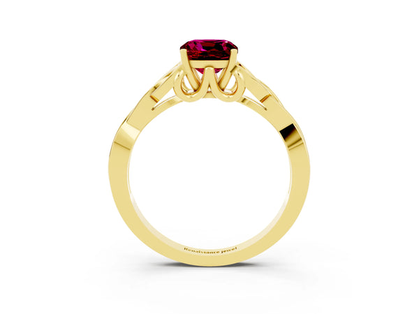 Yellow gold Cushion Cut Garnet Solitaire Celtic Knot Ring with Four-Prong Setting