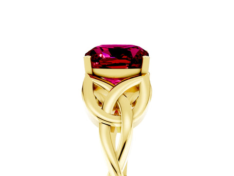Yellow gold Cushion Cut Garnet Solitaire Celtic Knot Ring with Four-Prong Setting_17