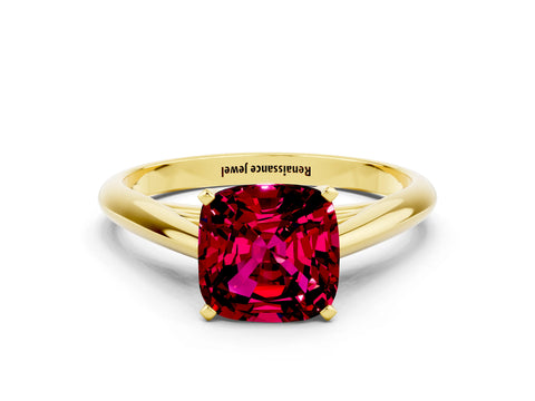 Yellow gold Cushion Cut Garnet Solitaire Engagement Ring with Cathedral Setting and Four-Prong Mount_12