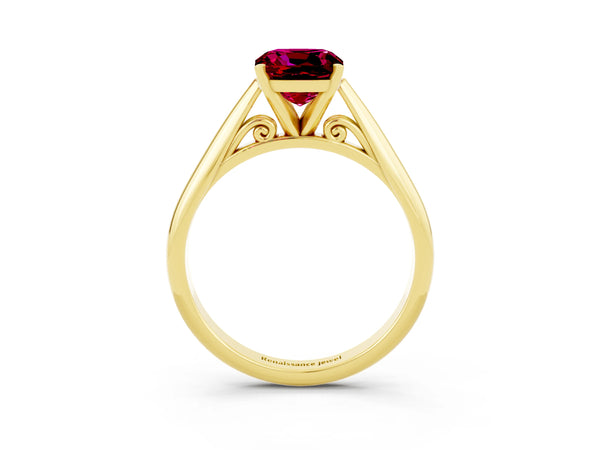 Yellow gold Cushion Cut Garnet Solitaire Engagement Ring with Cathedral Setting and Four-Prong Mount