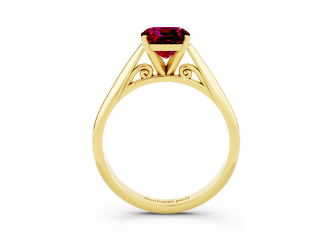Yellow gold Cushion Cut Garnet Solitaire Engagement Ring with Cathedral Setting and Four-Prong Mount_15