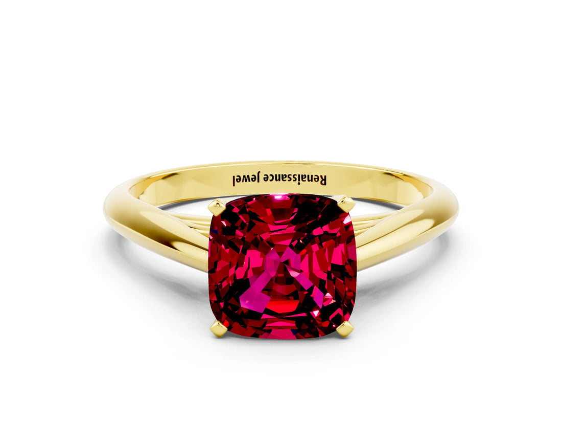 Yellow gold Cushion Cut Garnet Solitaire Engagement Ring with Cathedral Setting and Four-Prong Mount_66