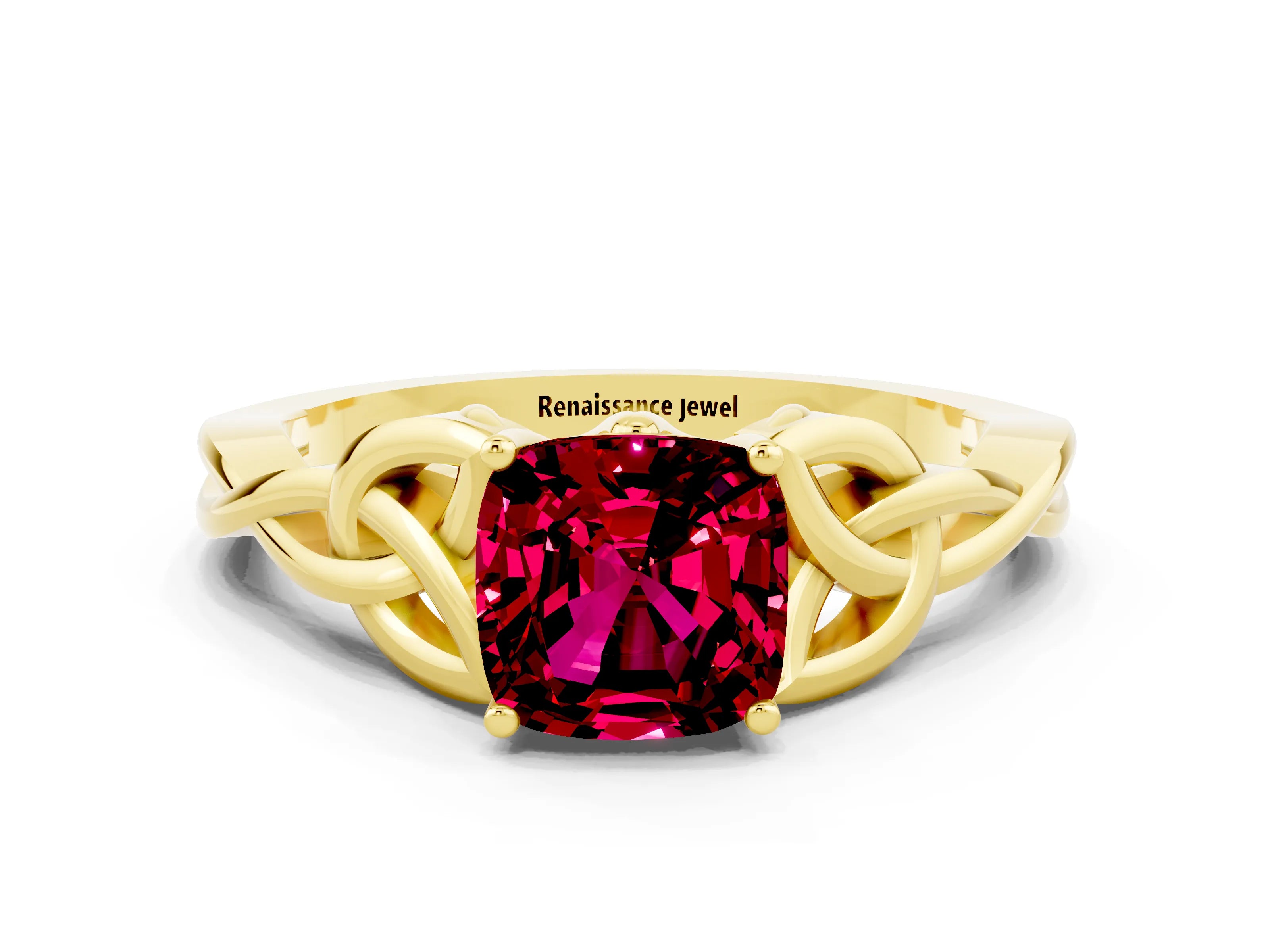Yellow gold Cushion Cut Garnet Solitaire Engagement Ring with Celtic Knot Band and Four-Prong Setting