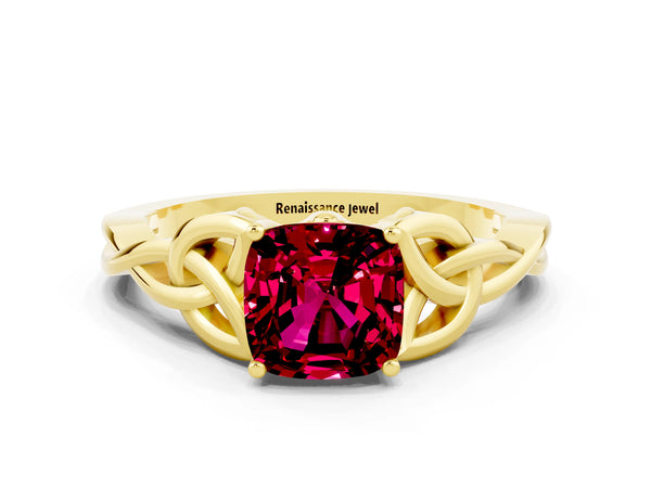 Yellow gold Cushion Cut Garnet Solitaire Engagement Ring with Celtic Knot Band and Four-Prong Setting