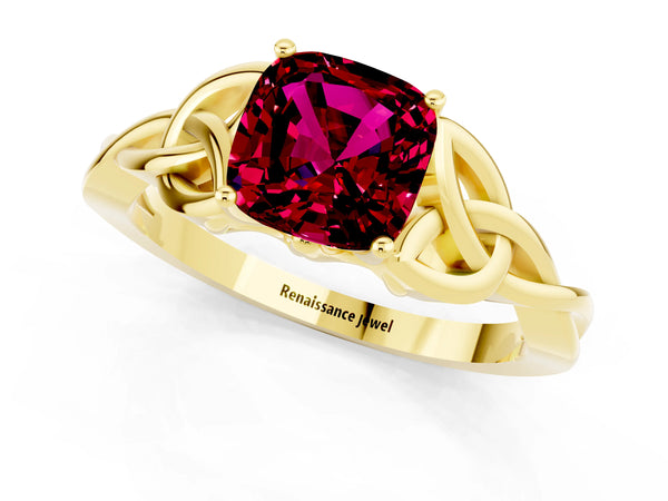Yellow gold Cushion Cut Garnet Solitaire Engagement Ring with Celtic Knot Band and Four-Prong Setting