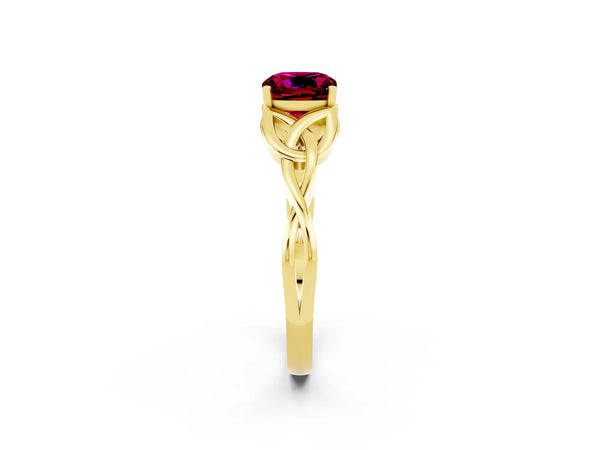 Yellow gold Cushion Cut Garnet Solitaire Engagement Ring with Celtic Knot Band and Four-Prong Setting