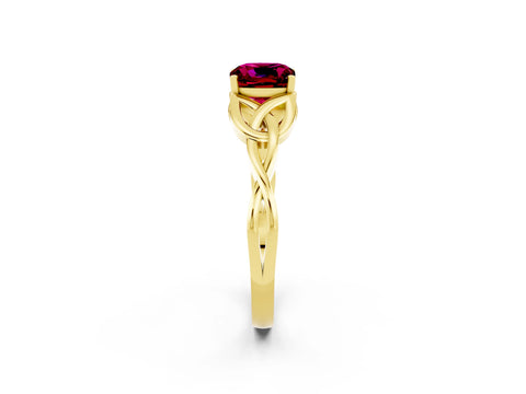 Yellow gold Cushion Cut Garnet Solitaire Engagement Ring with Celtic Knot Band and Four-Prong Setting_2