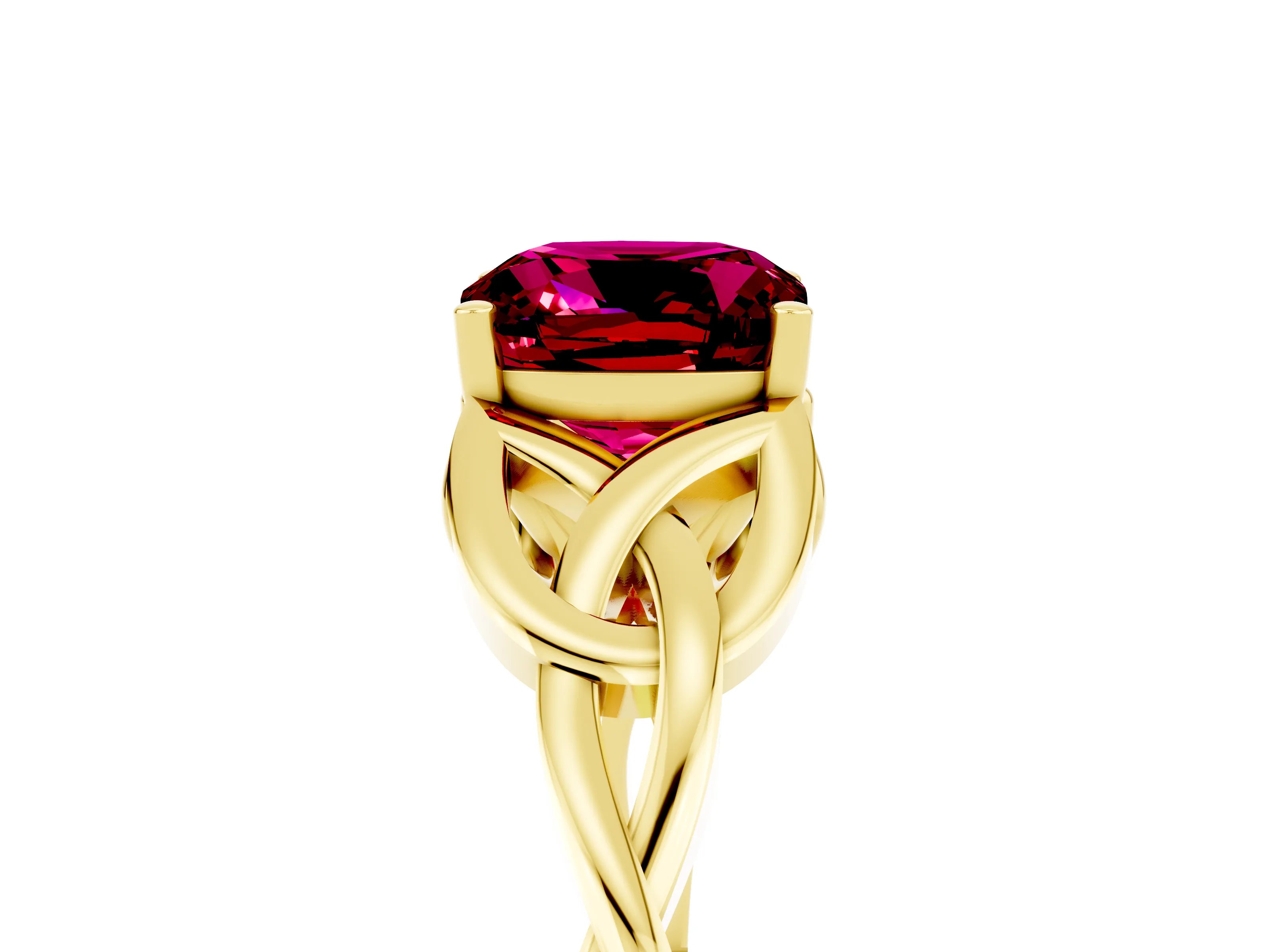Yellow gold Cushion Cut Garnet Solitaire Engagement Ring with Celtic Knot Band and Four-Prong Setting_5