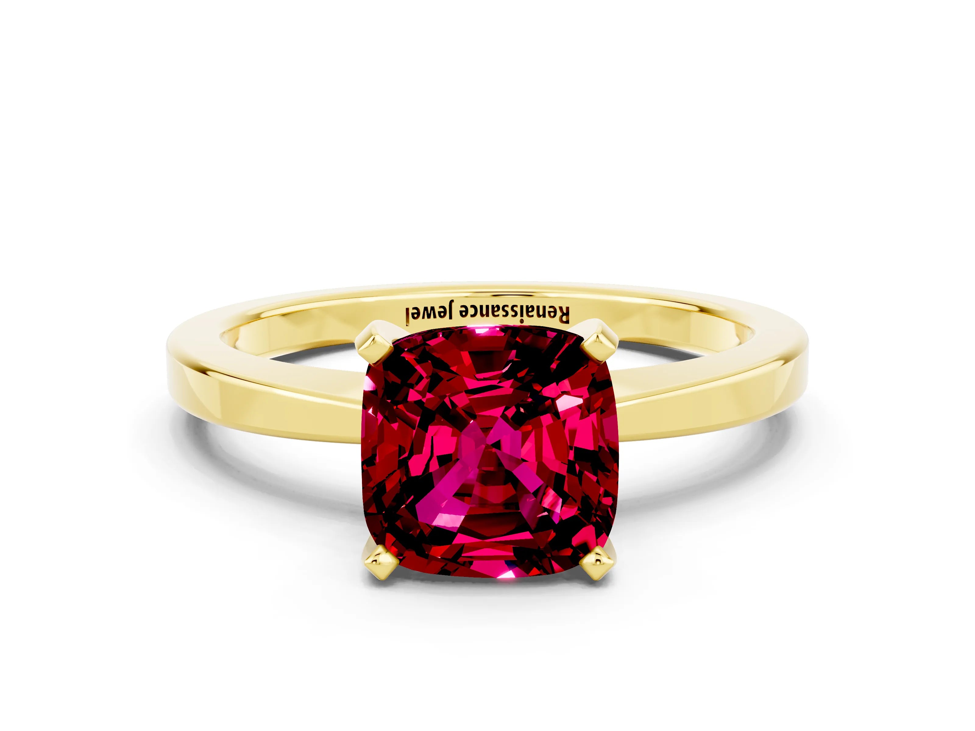 Yellow gold Cushion Cut Garnet Solitaire Engagement Ring with Classic Band and Four-Prong Setting_24