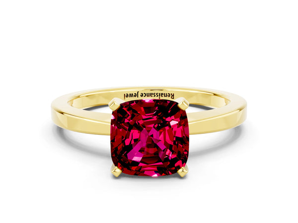Yellow gold Cushion Cut Garnet Solitaire Engagement Ring with Classic Band and Four-Prong Setting