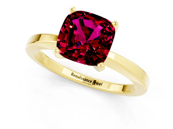 Yellow gold Cushion Cut Garnet Solitaire Engagement Ring with Classic Band and Four-Prong Setting