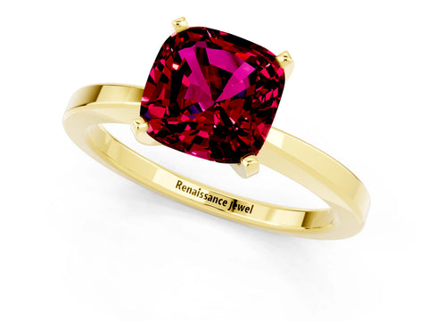 Yellow gold Cushion Cut Garnet Solitaire Engagement Ring with Classic Band and Four-Prong Setting_25