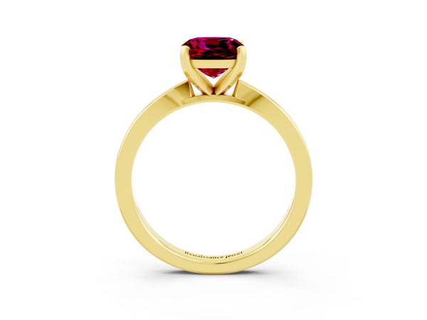 Yellow gold Cushion Cut Garnet Solitaire Engagement Ring with Classic Band and Four-Prong Setting