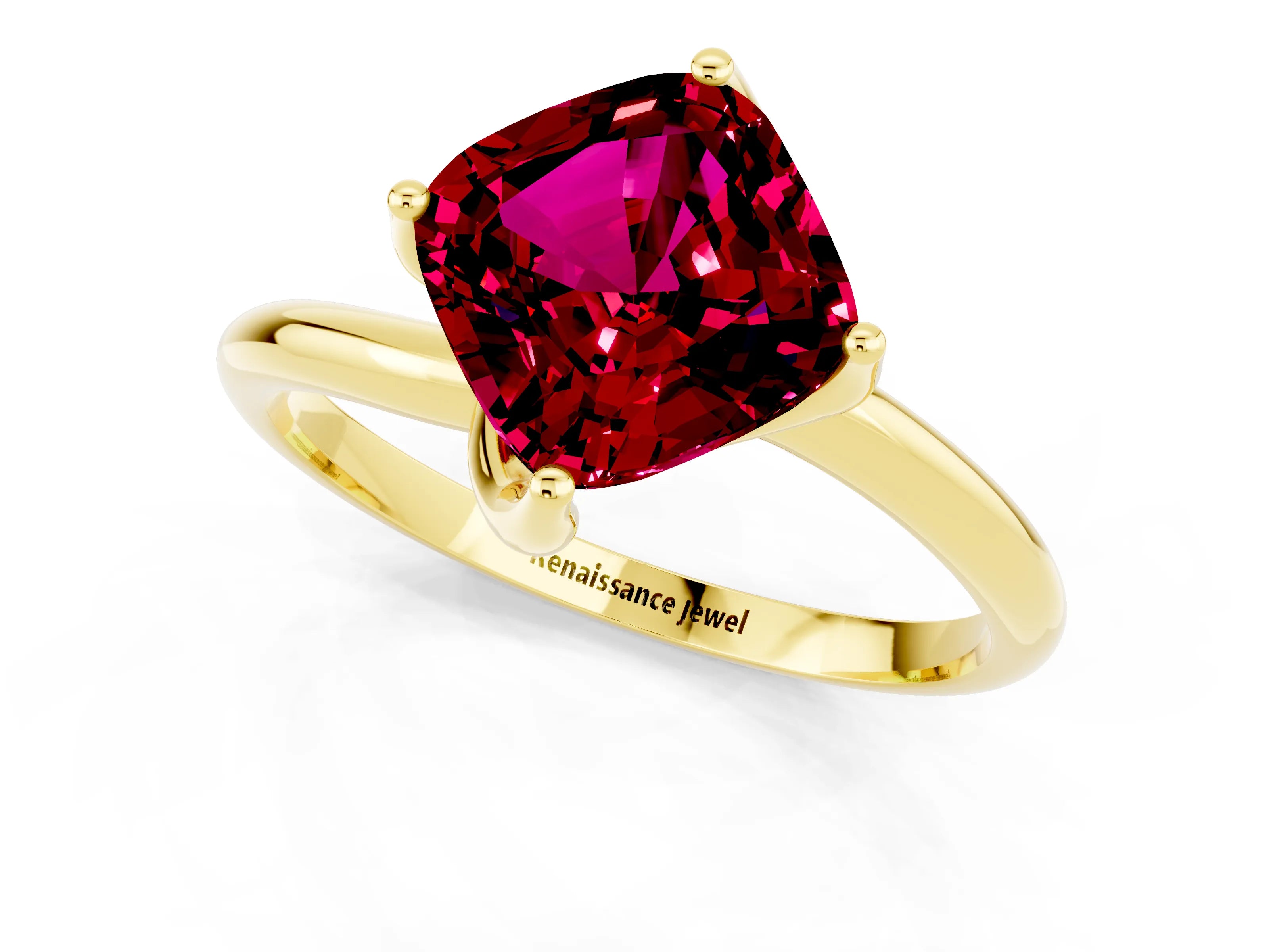 Yellow gold Cushion Cut Garnet Solitaire Engagement Ring with Four-Prong Setting and Classic Band_13