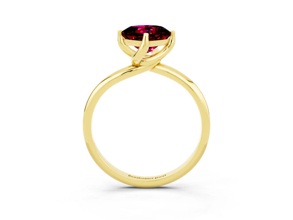 Yellow gold Cushion Cut Garnet Solitaire Engagement Ring with Four-Prong Setting and Classic Band