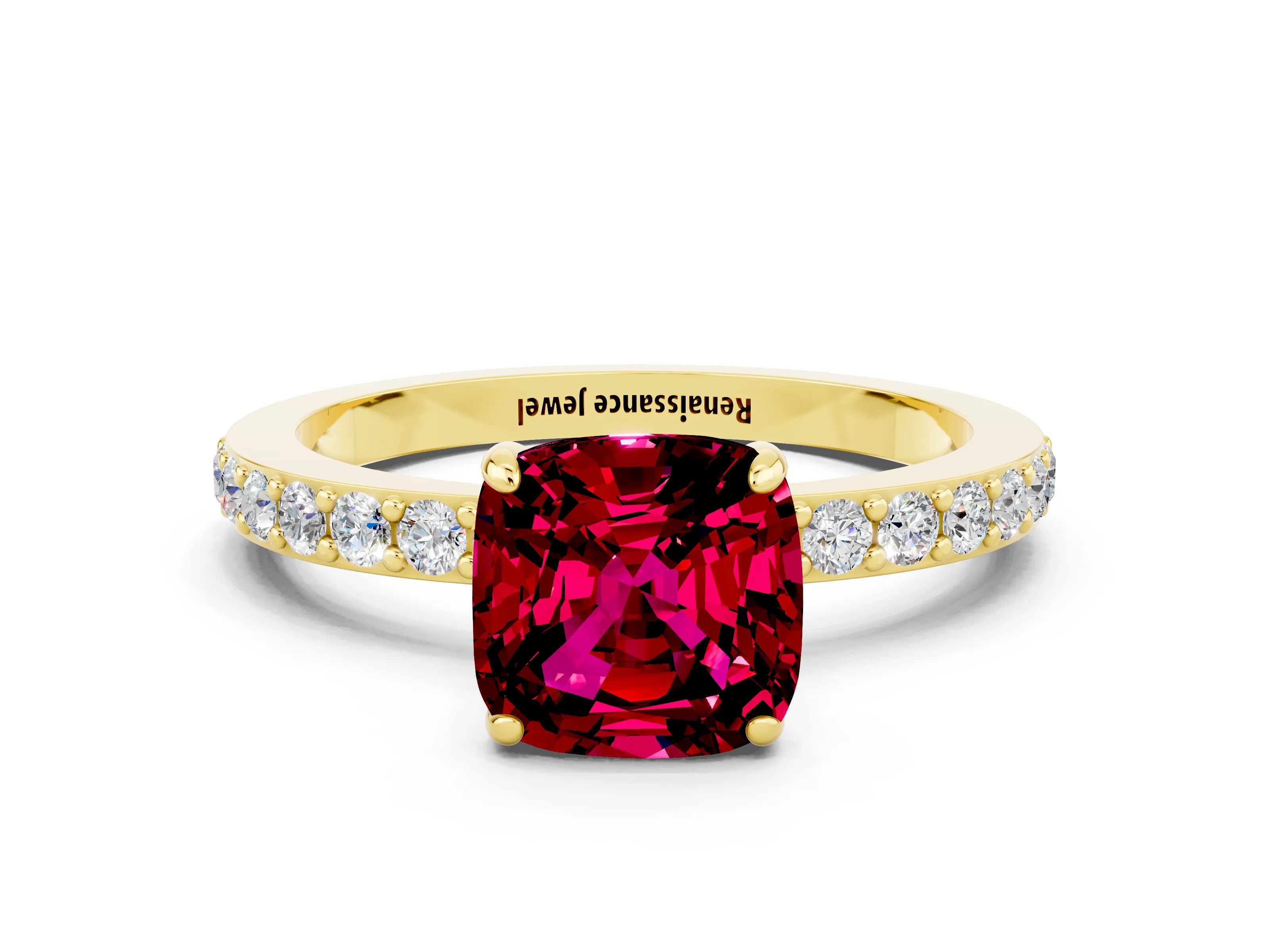 Yellow gold Cushion Cut Garnet Solitaire Engagement Ring with Pavé Band and Four-Prong Setting