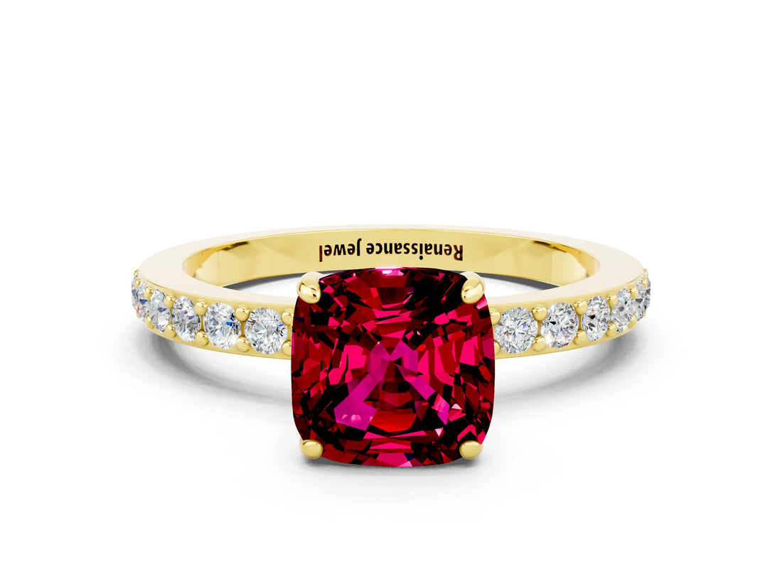 Yellow gold Cushion Cut Garnet Solitaire Engagement Ring with Pavé Band and Four-Prong Setting