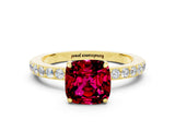 Yellow gold Cushion Cut Garnet Solitaire Engagement Ring with Pavé Band and Four-Prong Setting