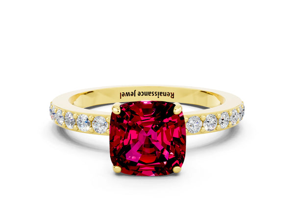 Yellow gold Cushion Cut Garnet Solitaire Engagement Ring with Pavé Band and Four-Prong Setting