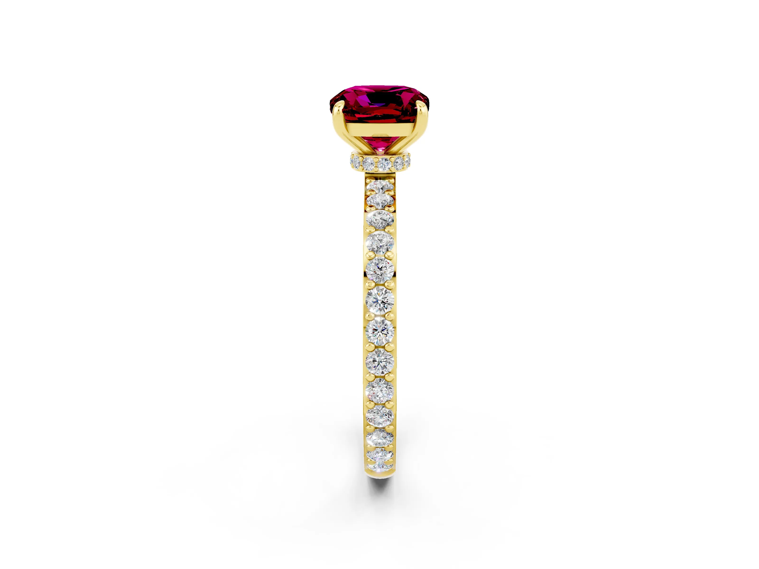 Yellow gold Cushion Cut Garnet Solitaire Engagement Ring with Pavé Band and Four-Prong Setting_2