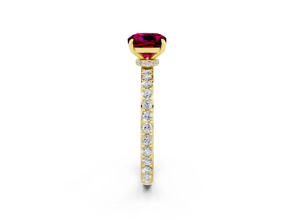 Yellow gold Cushion Cut Garnet Solitaire Engagement Ring with Pavé Band and Four-Prong Setting