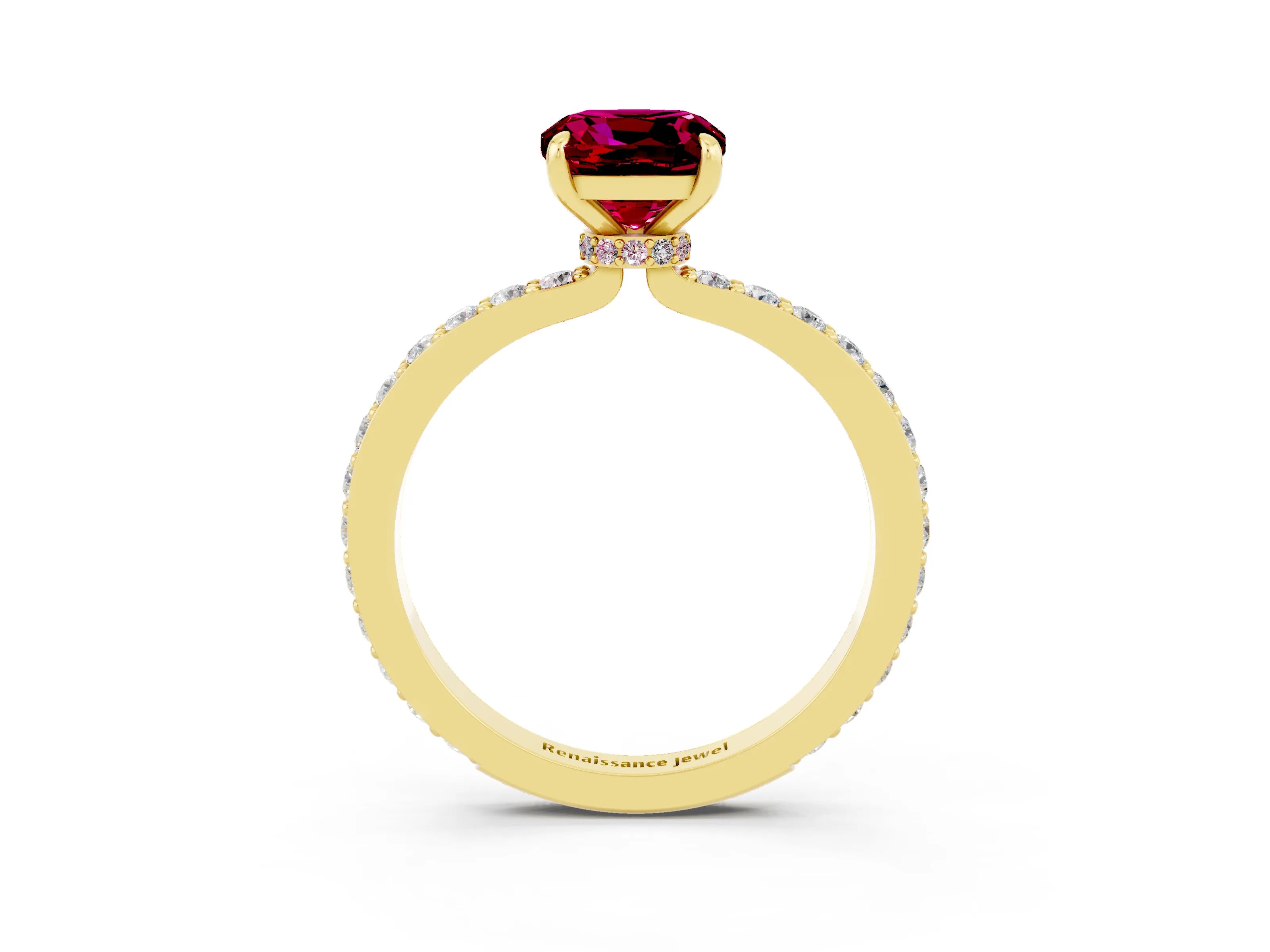 Yellow gold Cushion Cut Garnet Solitaire Engagement Ring with Pavé Band and Four-Prong Setting_3