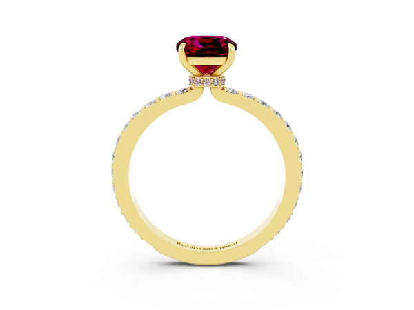 Yellow gold Cushion Cut Garnet Solitaire Engagement Ring with Pavé Band and Four-Prong Setting