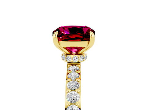 Yellow gold Cushion Cut Garnet Solitaire Engagement Ring with Pavé Band and Four-Prong Setting_5