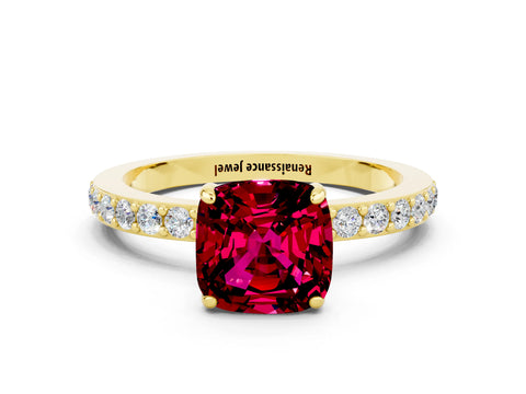 Yellow gold Cushion Cut Garnet Solitaire Engagement Ring with Pavé Band and Four-Prong Setting