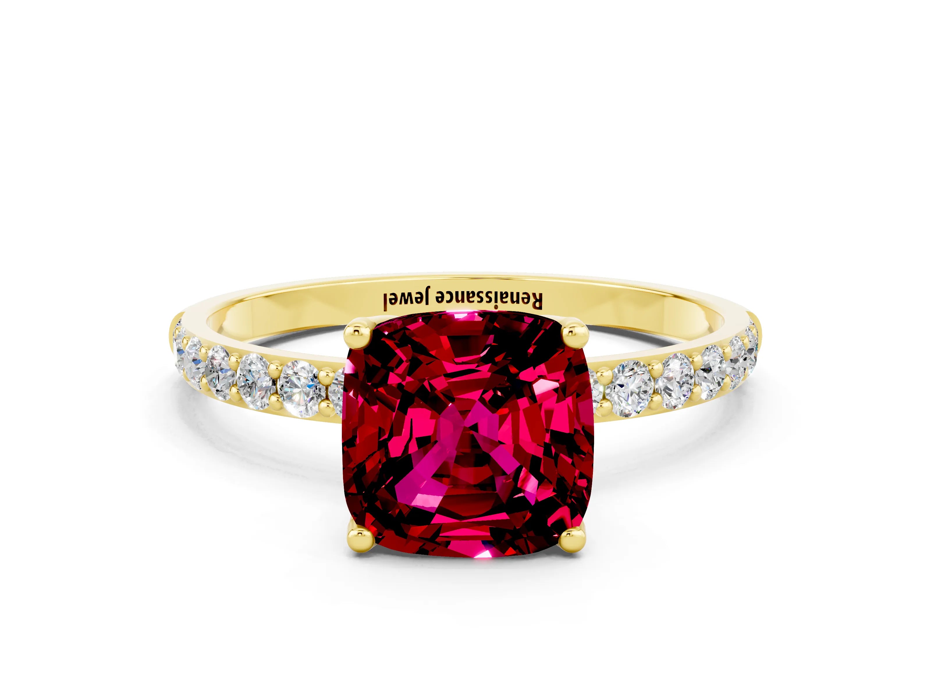 Yellow gold Cushion Cut Garnet Solitaire Engagement Ring with Pavé Band and Prong Setting