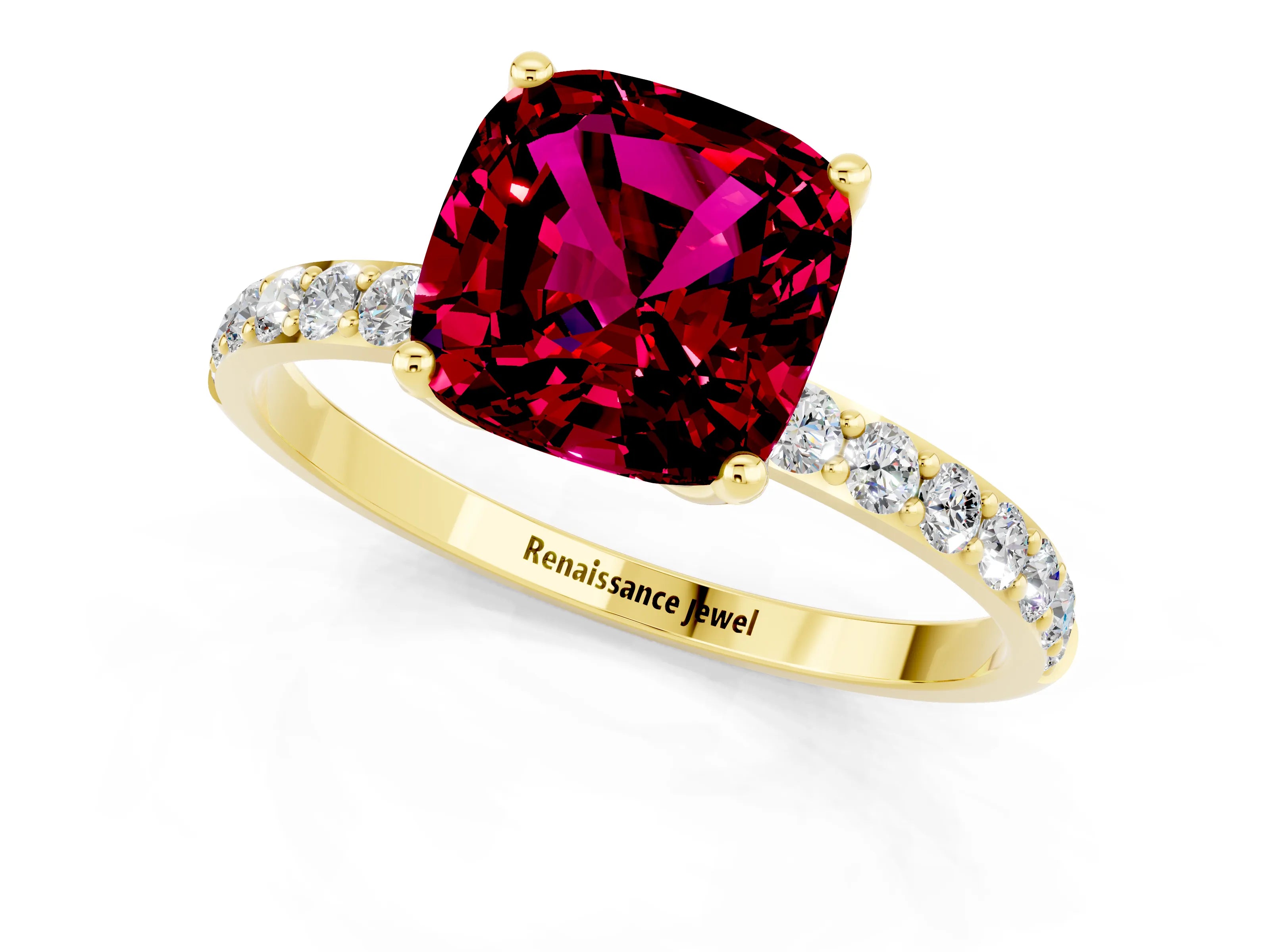 Yellow gold Cushion Cut Garnet Solitaire Engagement Ring with Pavé Band and Prong Setting_1