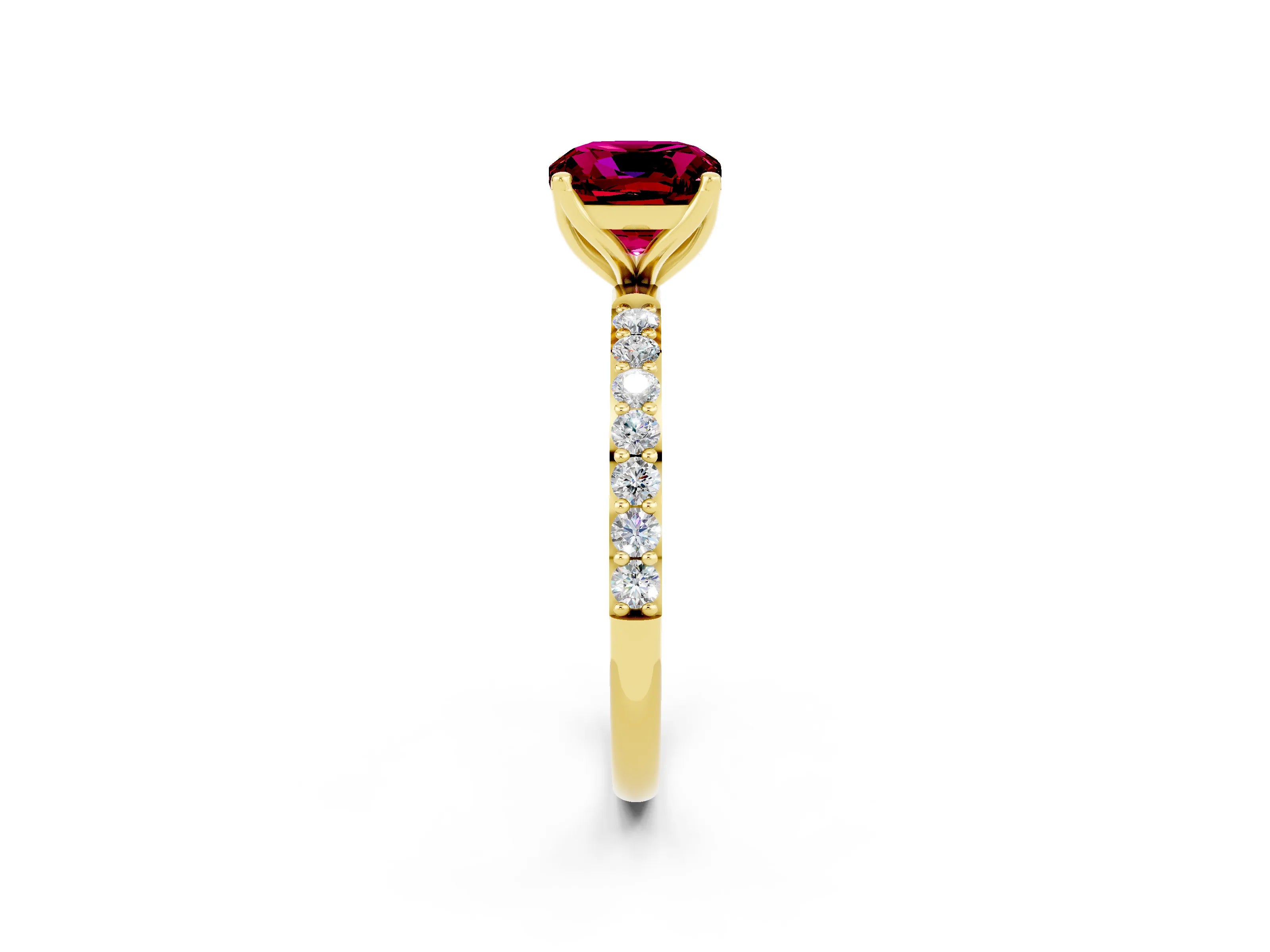 Yellow gold Cushion Cut Garnet Solitaire Engagement Ring with Pavé Band and Prong Setting_2