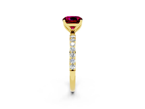 Yellow gold Cushion Cut Garnet Solitaire Engagement Ring with Round  Pavé Band and Prong Setting