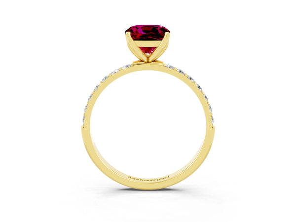 Yellow gold Cushion Cut Garnet Solitaire Engagement Ring with Round  Pavé Band and Prong Setting