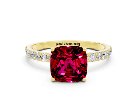 Yellow gold Cushion Cut Garnet Solitaire Engagement Ring with Pavé Band and Prong Setting