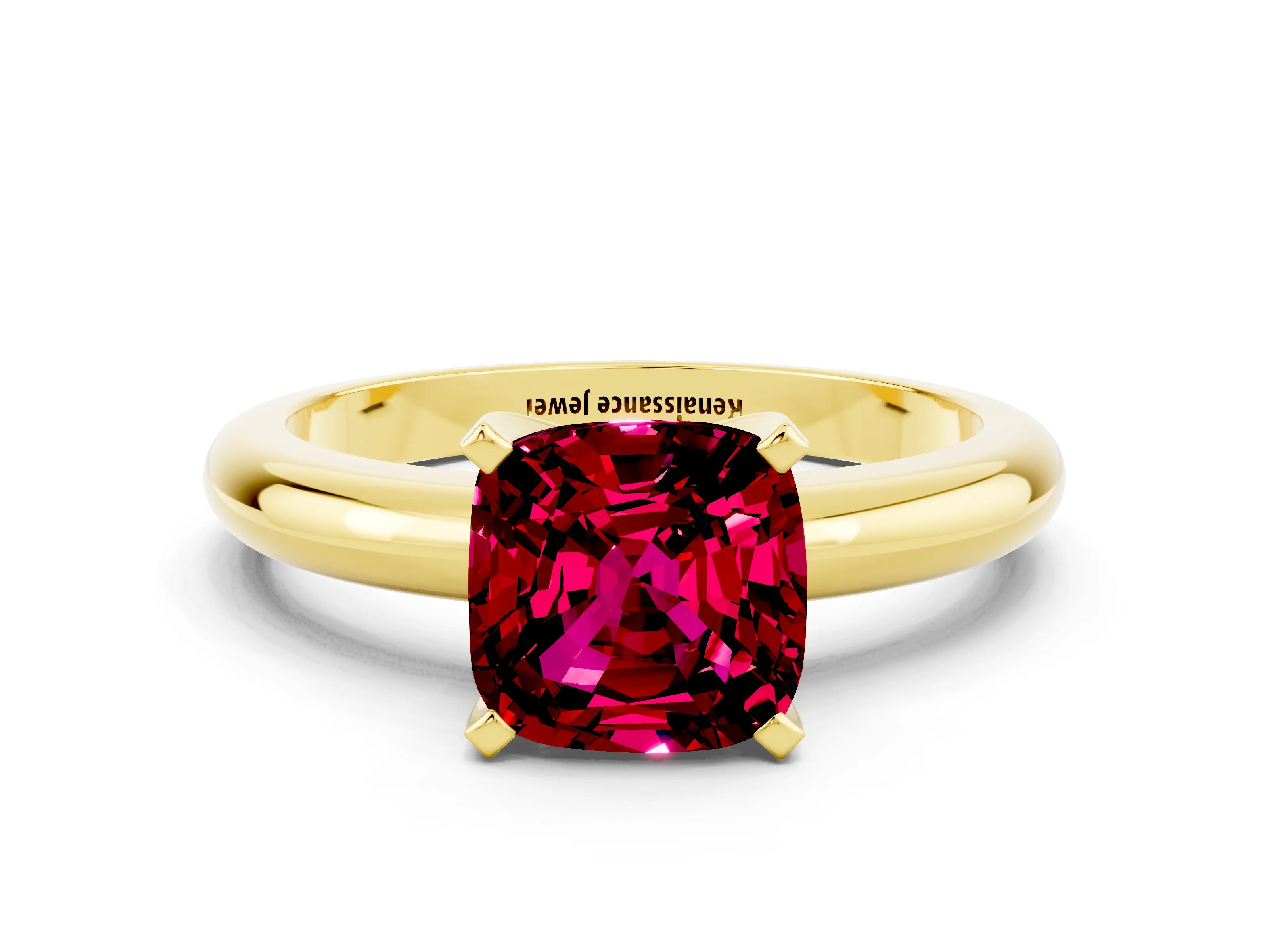 Yellow gold Cushion Cut Garnet Solitaire Engagement Ring with Round Band and Four-Prong Setting