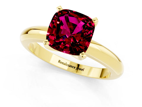 Yellow gold Cushion Cut Garnet Solitaire Engagement Ring with Round Band and Four-Prong Setting_1