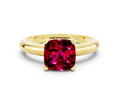 Yellow gold Cushion Cut Garnet Solitaire Engagement Ring with Round Band and Four-Prong Setting