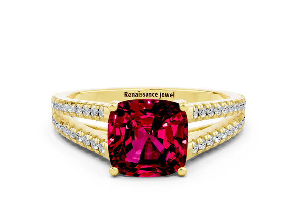 Yellow gold Cushion Cut Garnet Solitaire Engagement Ring with Split Shank Pavé Band