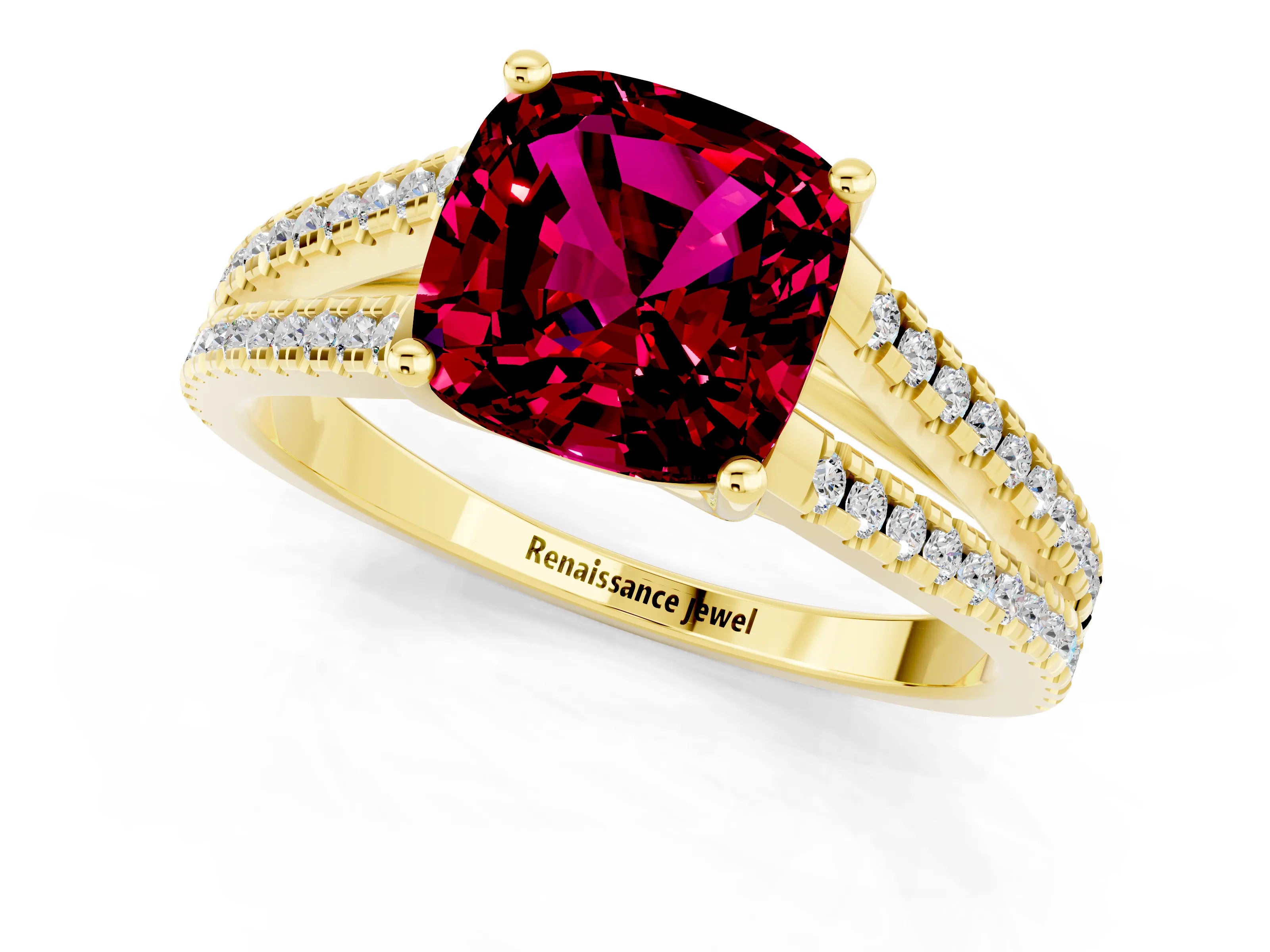 Yellow gold Cushion Cut Garnet Solitaire Engagement Ring with Split Shank Pavé Band_1