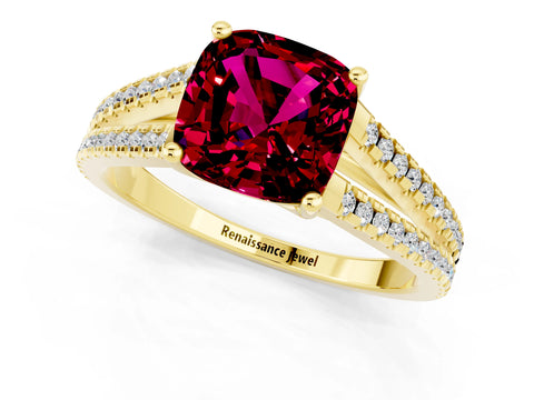 Yellow gold Cushion Cut Garnet Solitaire Engagement Ring with Split Shank Pavé Band_1