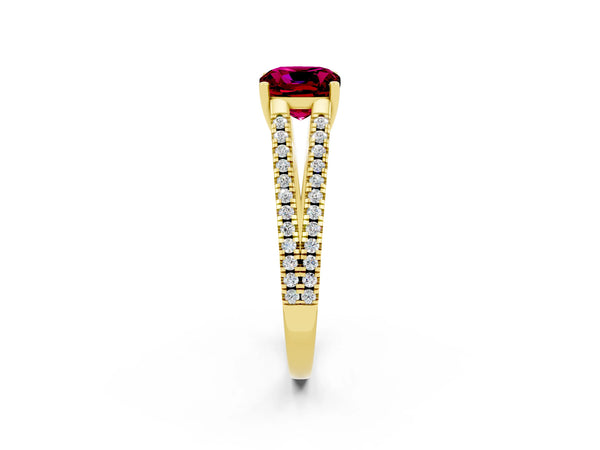 Yellow gold Cushion Cut Garnet Solitaire Engagement Ring with Split Shank Pavé Band