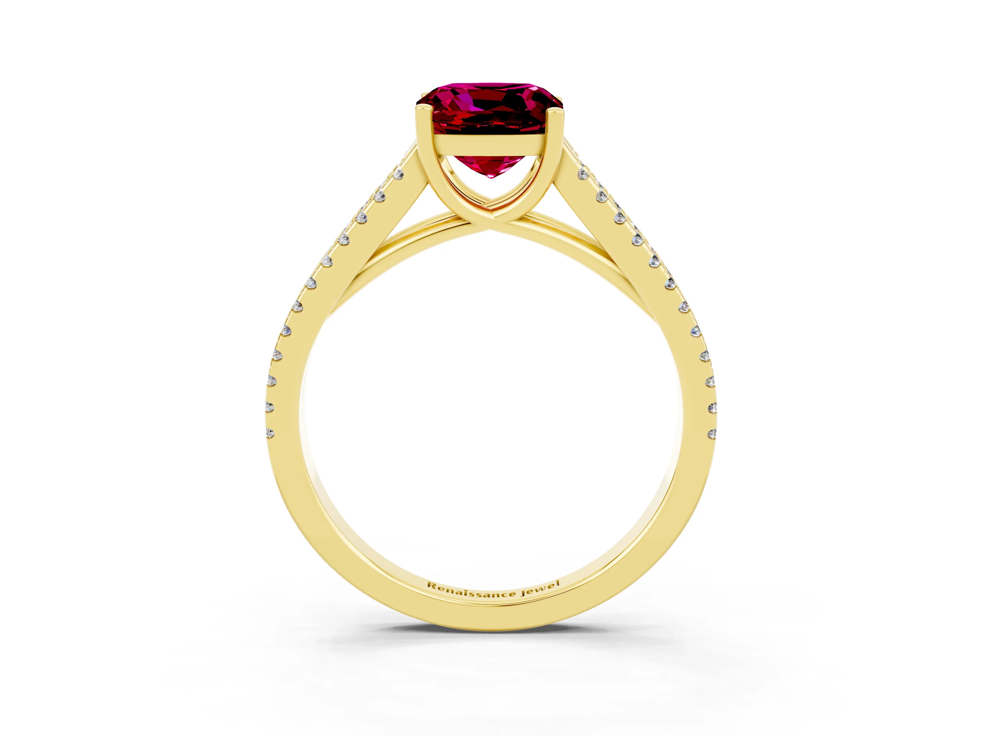 Yellow gold Cushion Cut Garnet Solitaire Engagement Ring with Split Shank Pavé Band_3